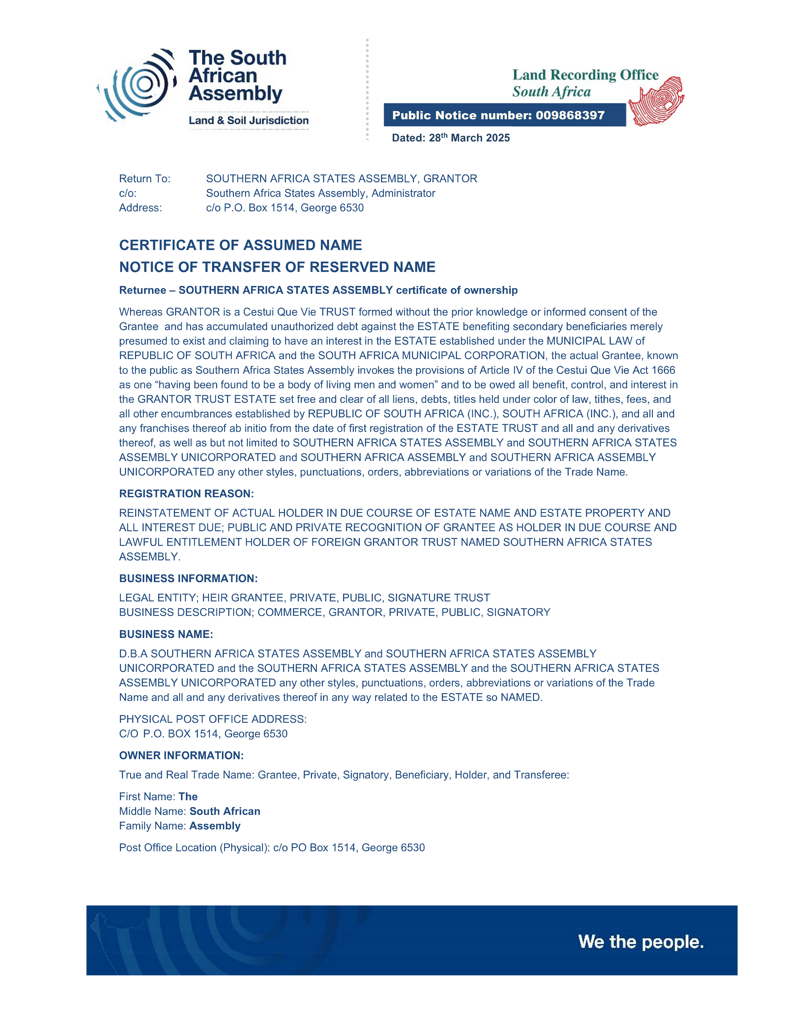 Public notice SASA Certificate of assumed name Recording number 009868397